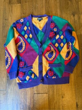 Vintage Knitted Mixed Blues Colorful Patterned Cardigan